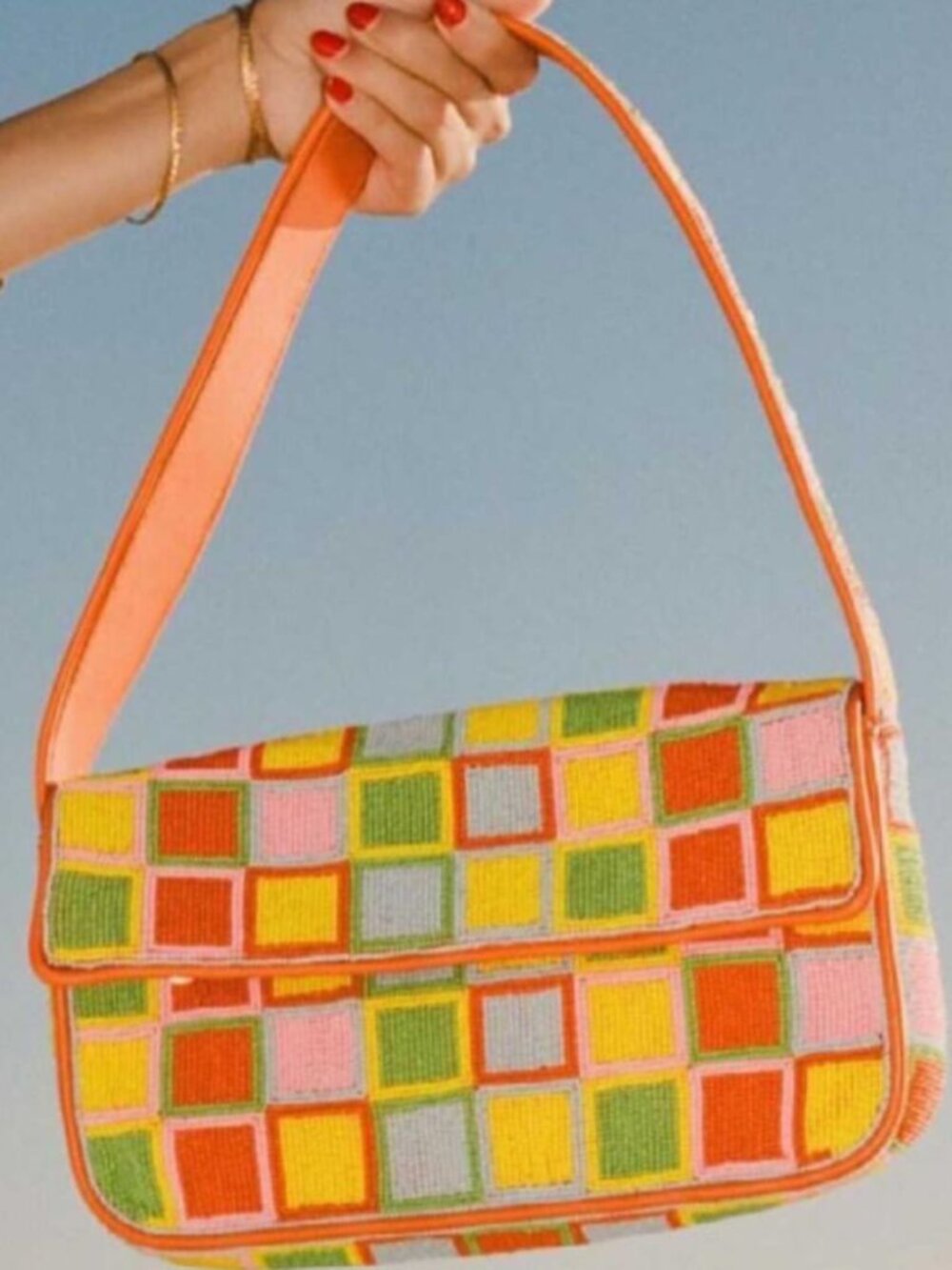 Staud Tommy Bag Multi Mosaic Check Multicolor Beaded Orange Colorblock Shoulder
